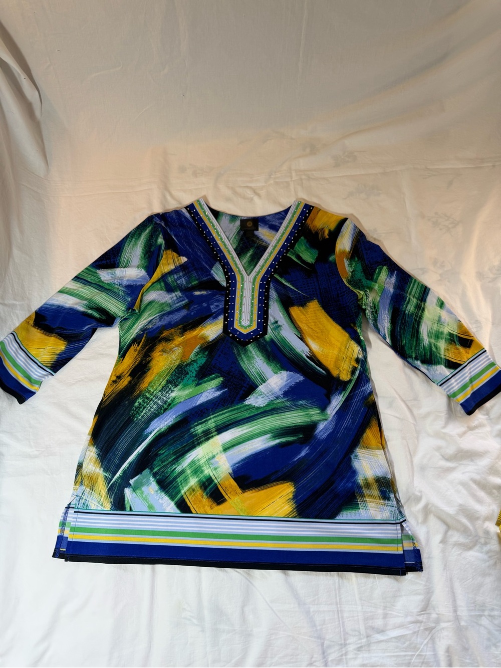JM Collection Abstract Brushstroke Tunic in Blue, Green & Yellow Large